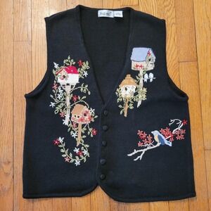 Vintage Granny Black Birdhouse Floral Embroidered Button Vest M Country Whimsy